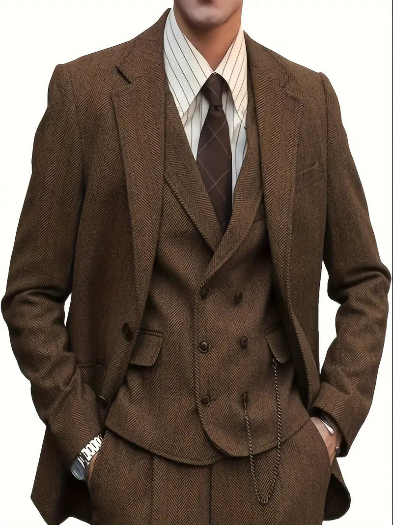 Solovedresscn Retro Tweed 3pc Suit Slim Fit Blazer Pants