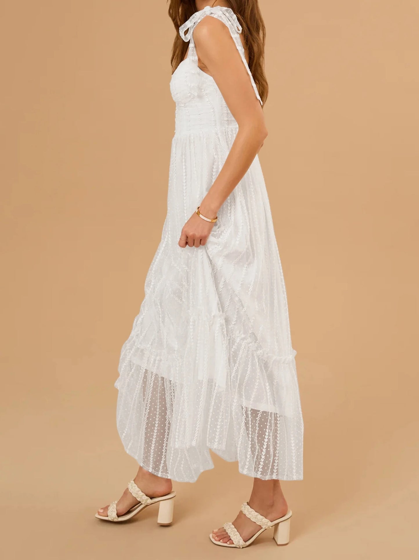 Velvet Floral Lace Sleeveless Dress V Neck Tie Up Straps