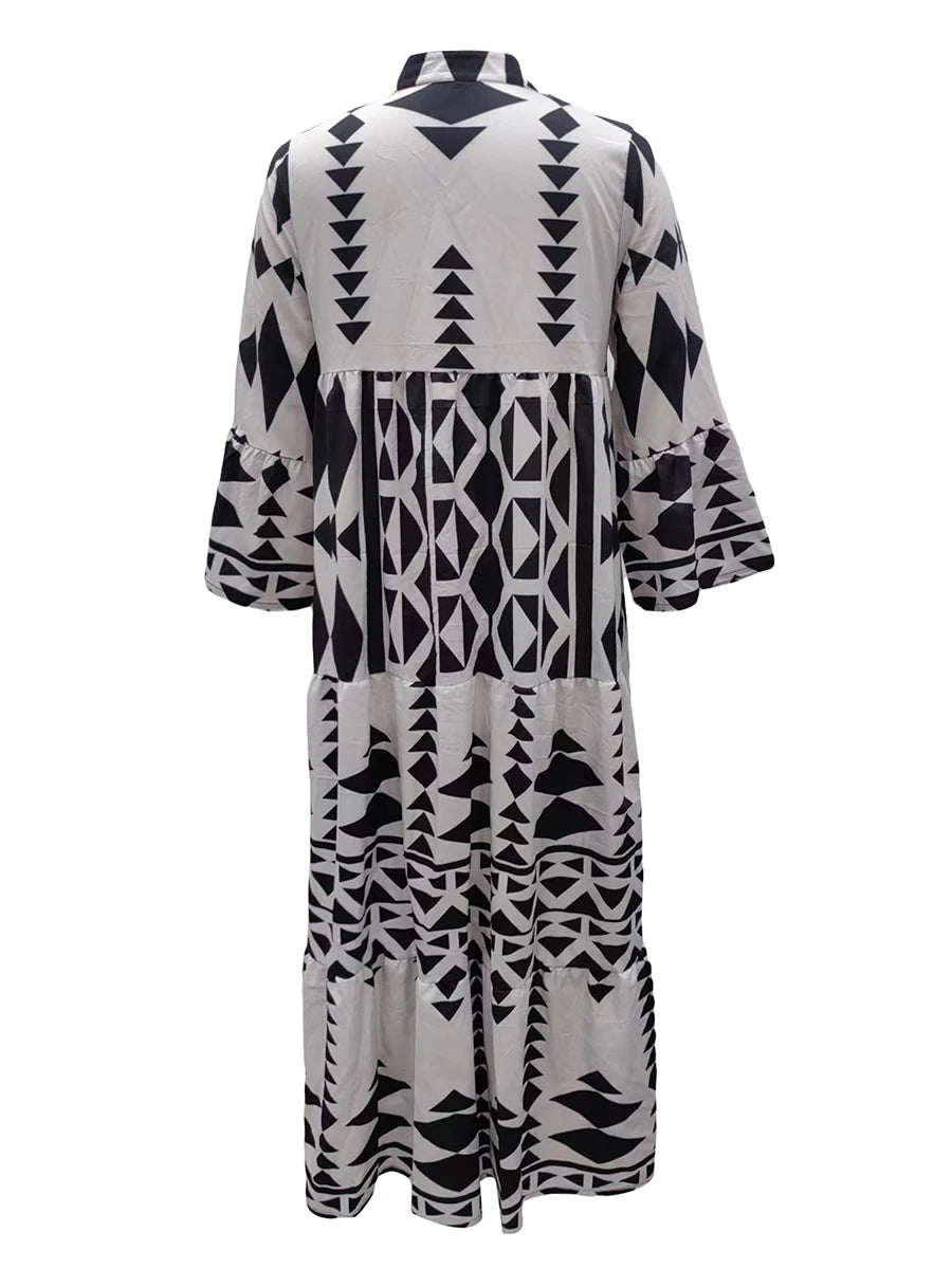 Hirigin Geometric Print Boho Dress With Long Sleeves