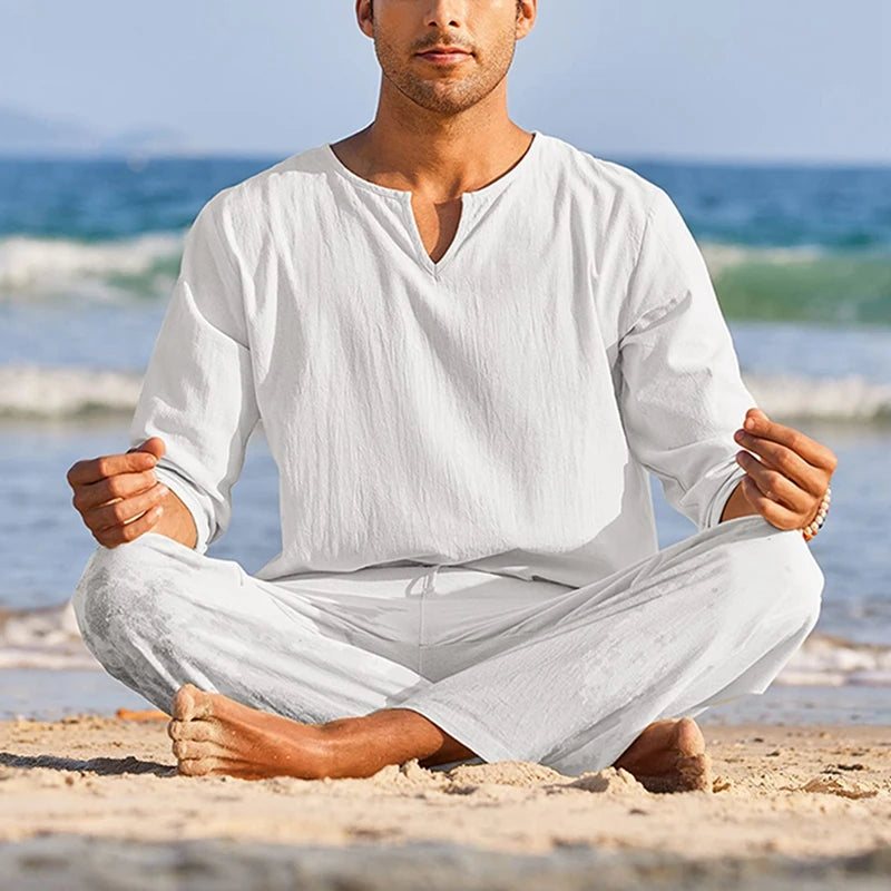 Cheervilla Mens Summer Cotton Linen Henley Shirt Lounge Set