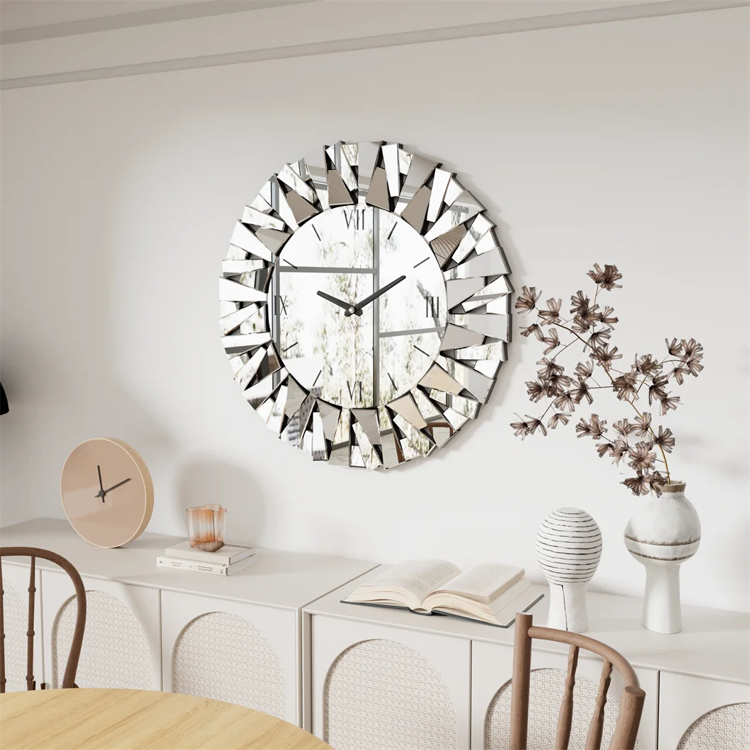 Combination 3D Mirrored Sunburst Wall Clock Roman Numerals
