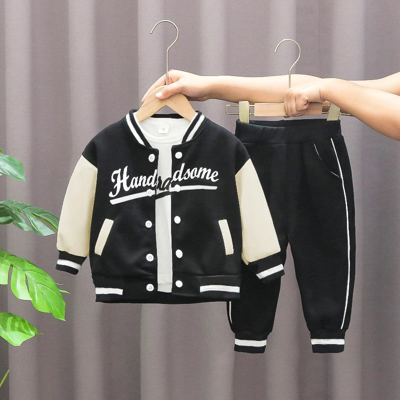 Boys' autumn letter baseball single-breasted jacket+round neck printed cotton long sleeve+striped sweatpants 3Pcs suit