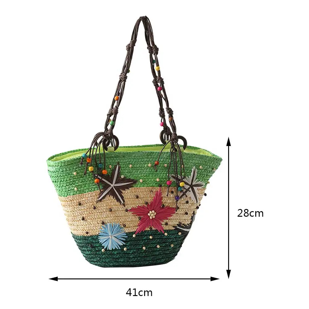Starfish Beaded Bohemian Straw Tote Bag Women Seaside Party