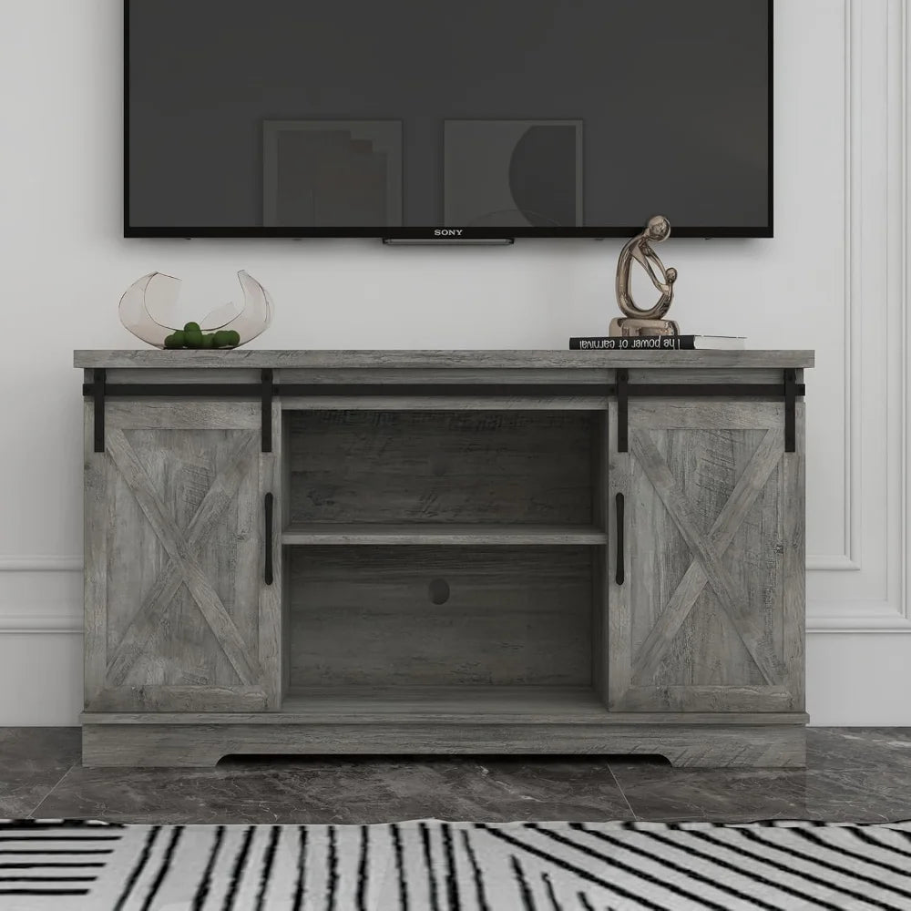 Farmhouse TV Stand With Storage Barn Doors And Shelves