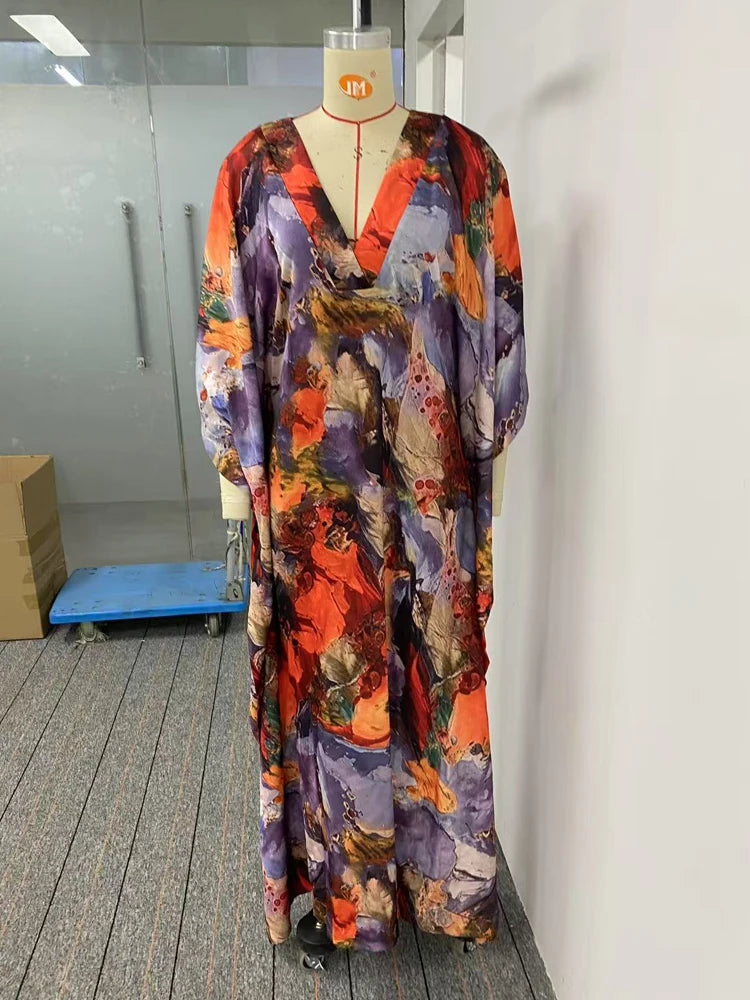 OSHOPLIVECN Bohemian Maxi Dress Asymmetric Batwing Sleeves
