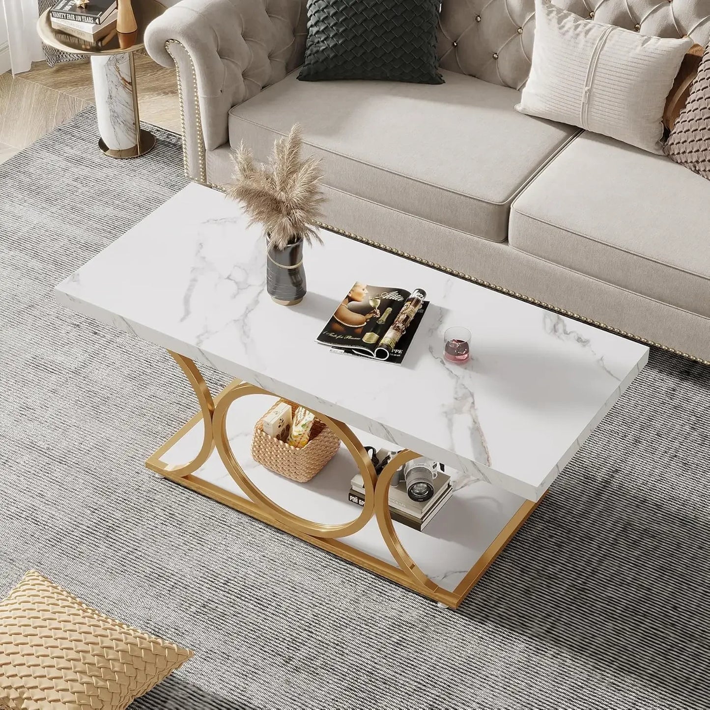 XMSJ Modern Rectangle Coffee Table with Storage Shelf