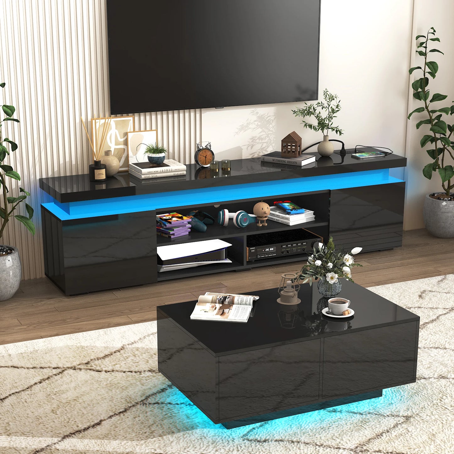 QiaoShiRen Modern LED TV Stand With Power Outlet Storage