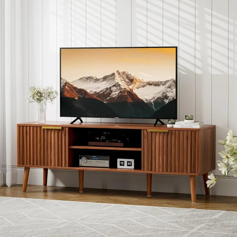 Mid Century Modern TV Stand With Fluted Doors And Shelves