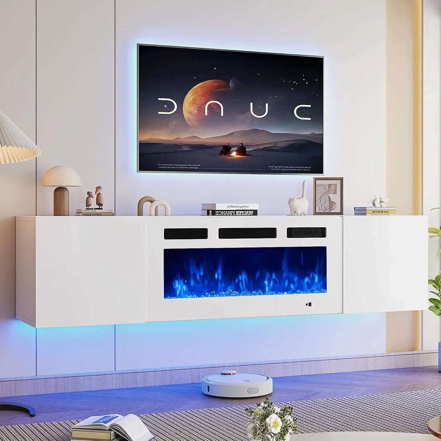 Floating TV Stand With Electric Fireplace Wall Mounted
