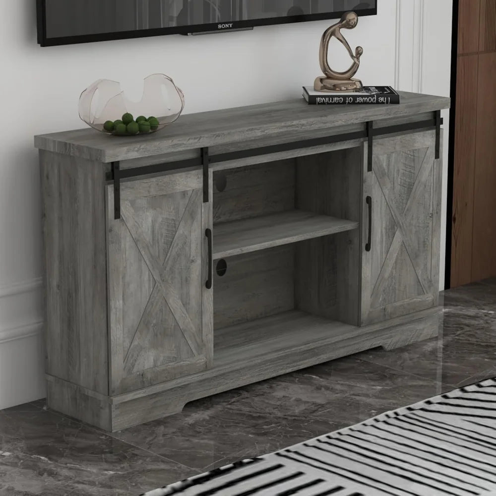 Farmhouse TV Stand With Storage Barn Doors And Shelves