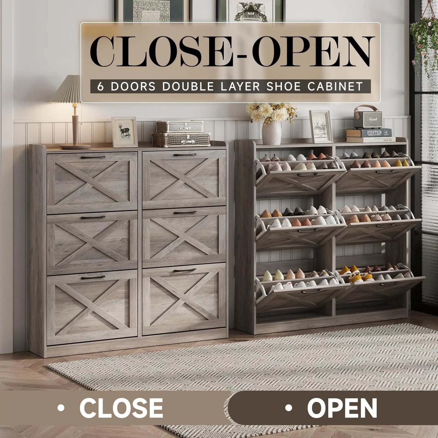 Vabches Shoe Cabinet With Flip Drawers And Metal Handles