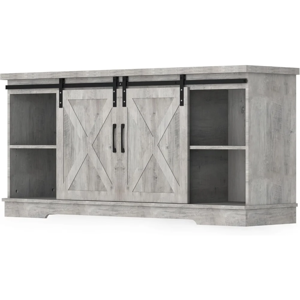 Farmhouse TV Stand With Storage Barn Doors And Shelves
