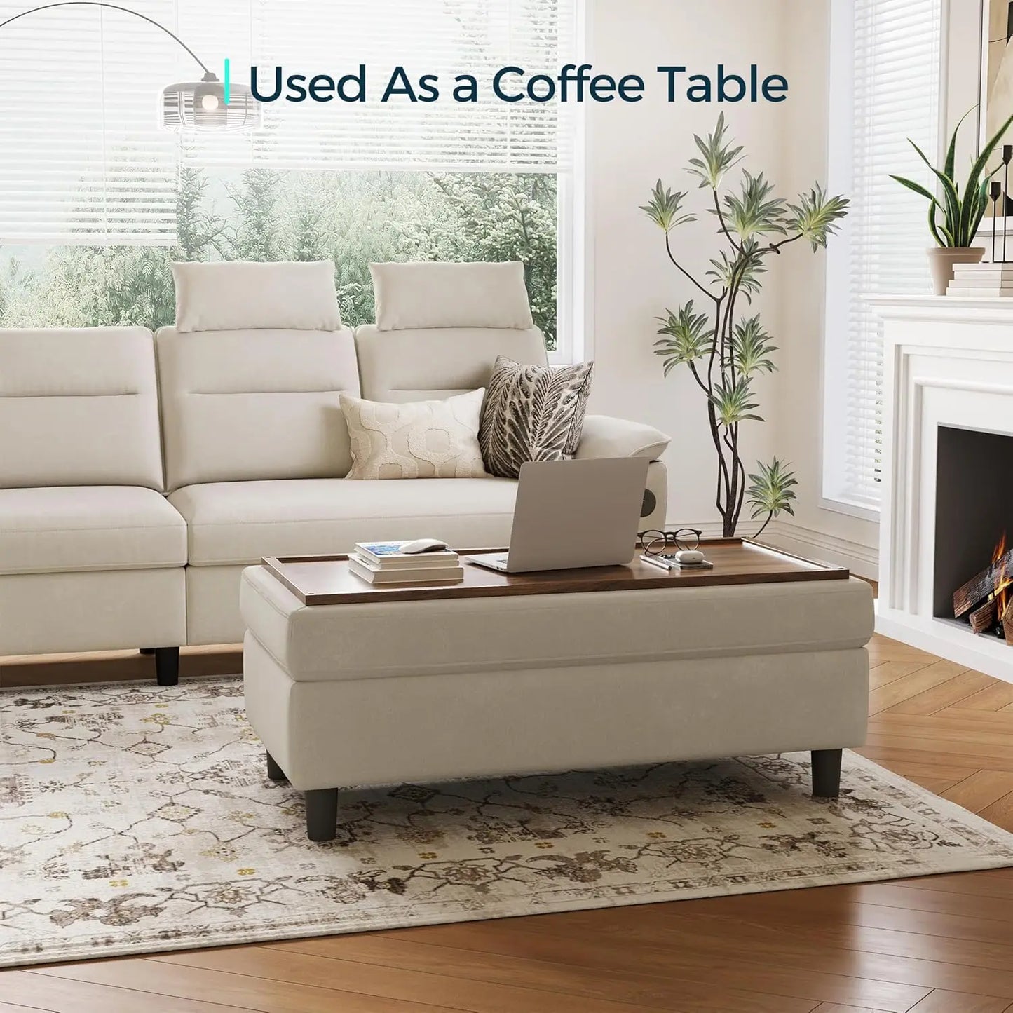 Cheervilla Storage Ottoman Bench Linen Coffee Footstool