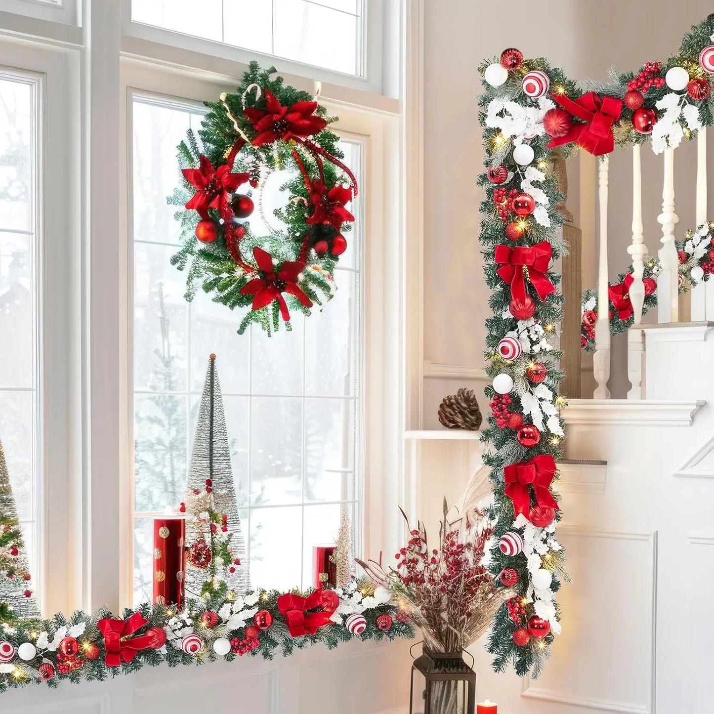 6 Ft Pre-Lit Christmas Garland For Mantle With 20 Led Lights & Red Bows 8 Lighting Modes Versatile Decorating For Any Space