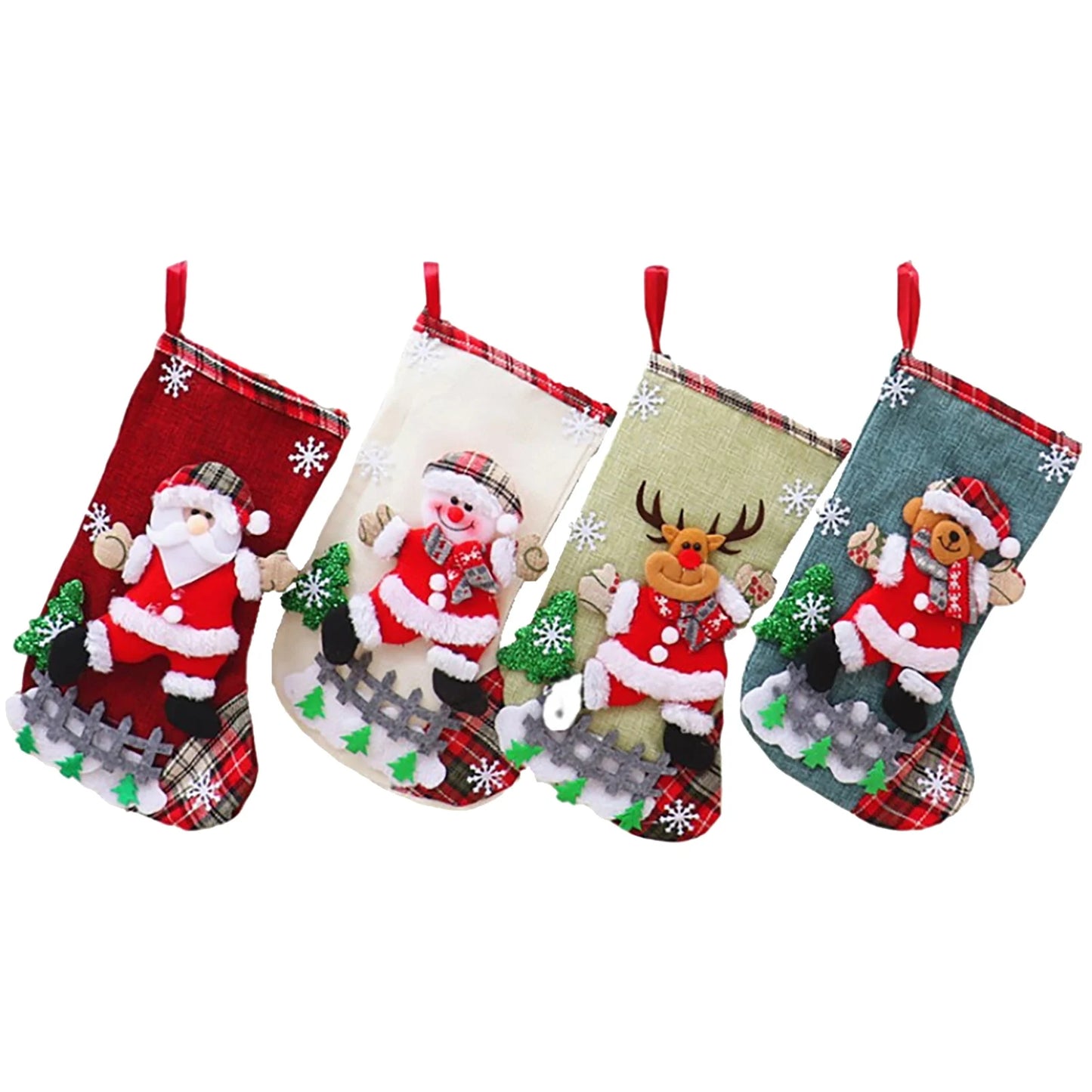 12-4PCS Christmas Stockings Set Large Capacity Surprised Gift Bag Set Santa Claus/Snowman/Bear/Elk for Xmas Tree Fireplace