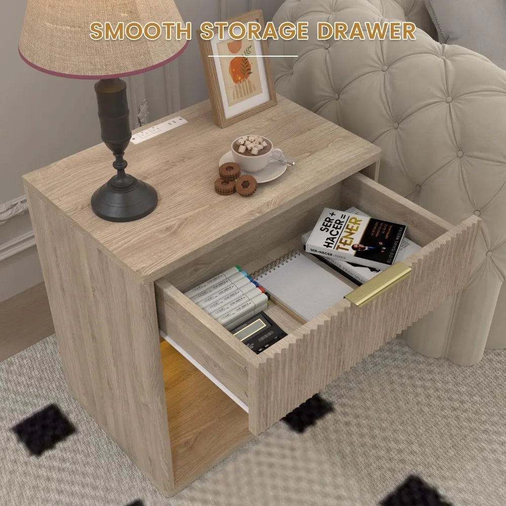 Fluted Nightstand With Charging Station Bedside Table