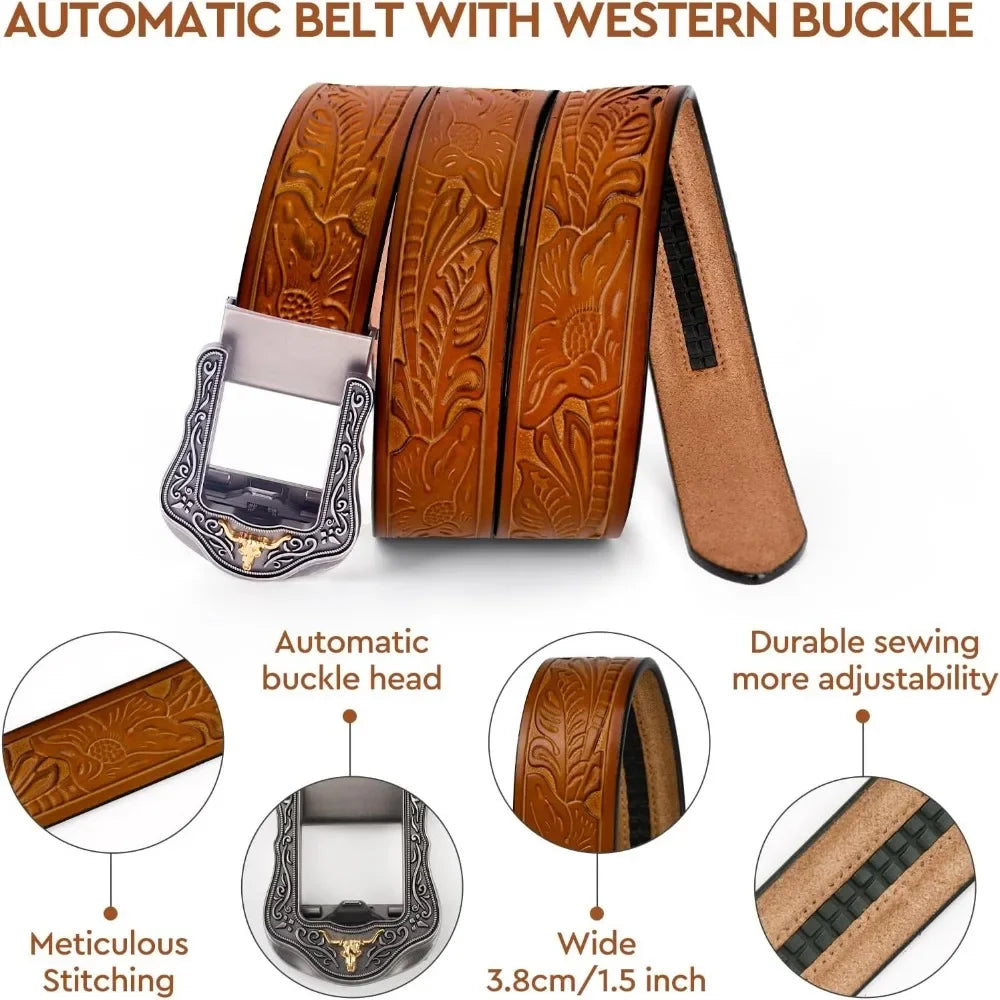 PlusZis Western Leather Ratchet Belt For Men And Women