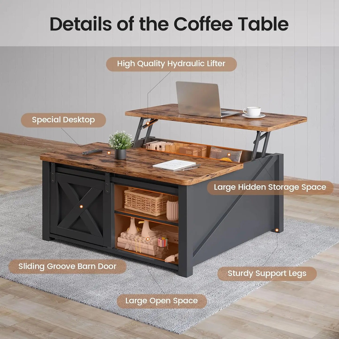 Hign-concerned Lift Top Coffee Table with Storage for Living Room