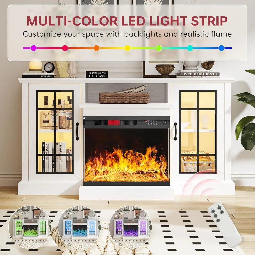 Fireplace TV Stand With Glass Sides And LED Flame Effect