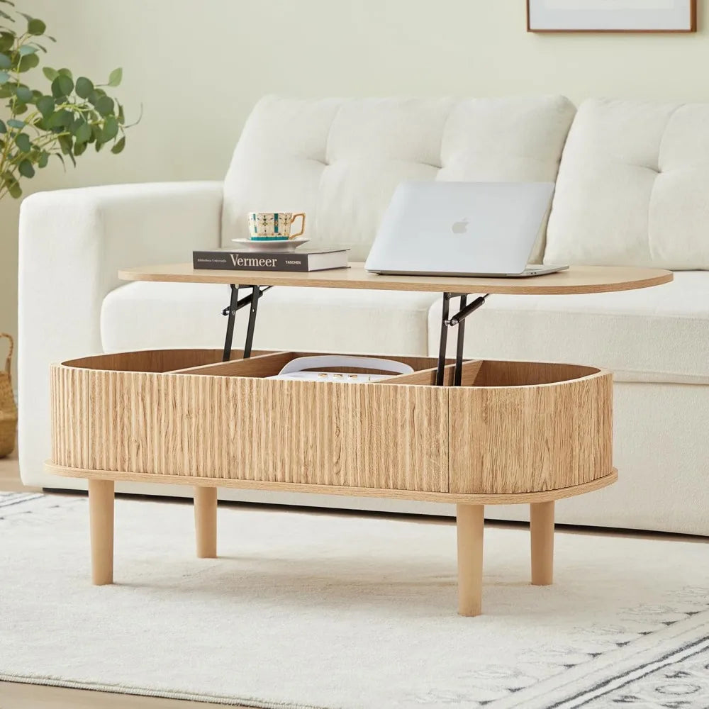 XUYUAN Modern Oval Lift-Top Coffee Table with Hidden Storage
