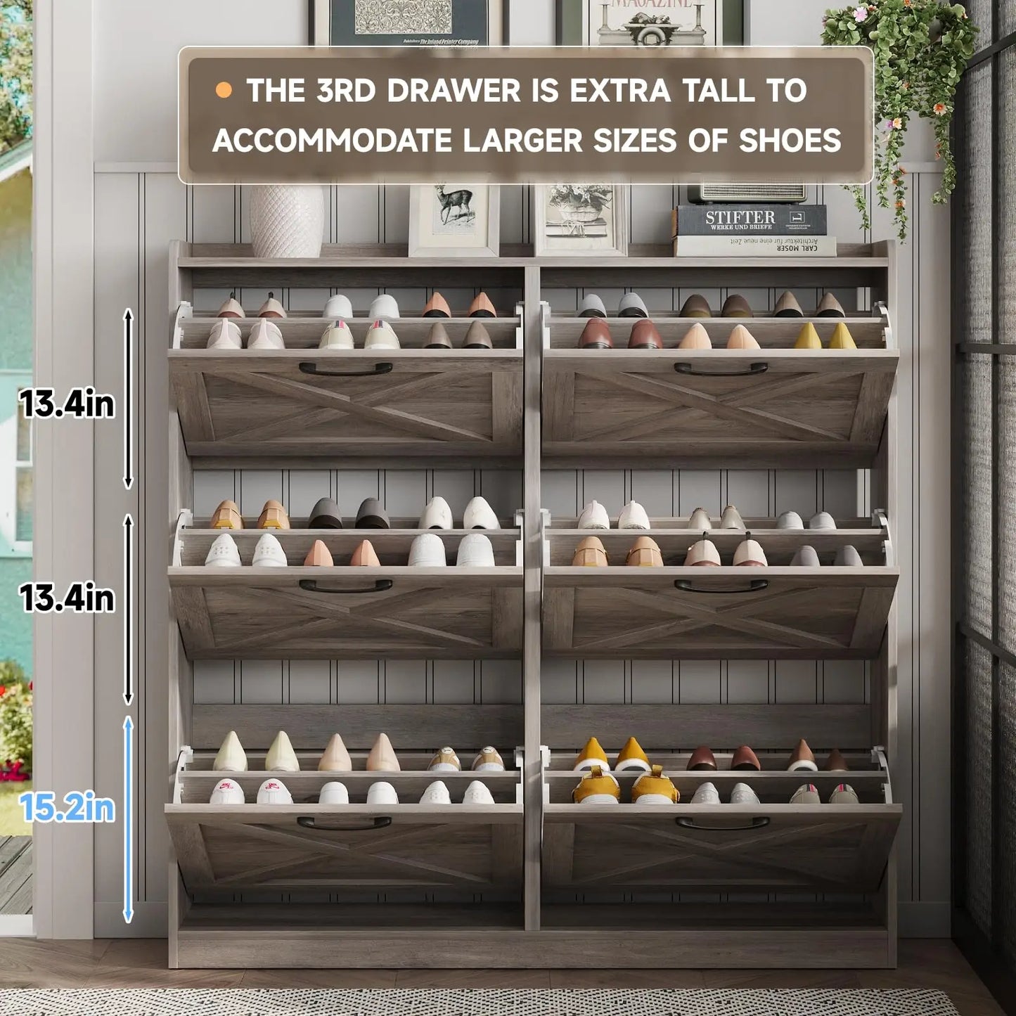 Vabches Shoe Cabinet With Flip Drawers And Metal Handles