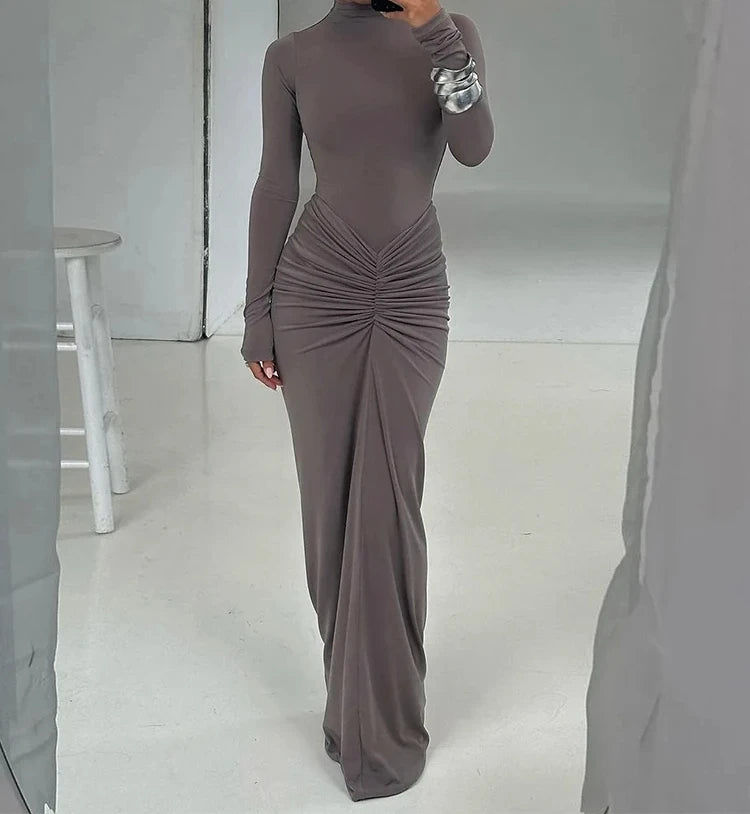 Shirring Women Classic Maxi Dress Long Sleeve High Collar