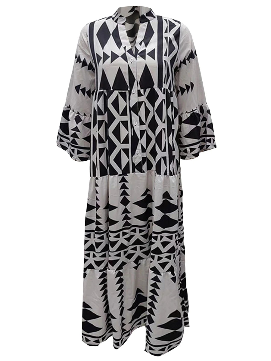 Hirigin Geometric Print Boho Dress With Long Sleeves