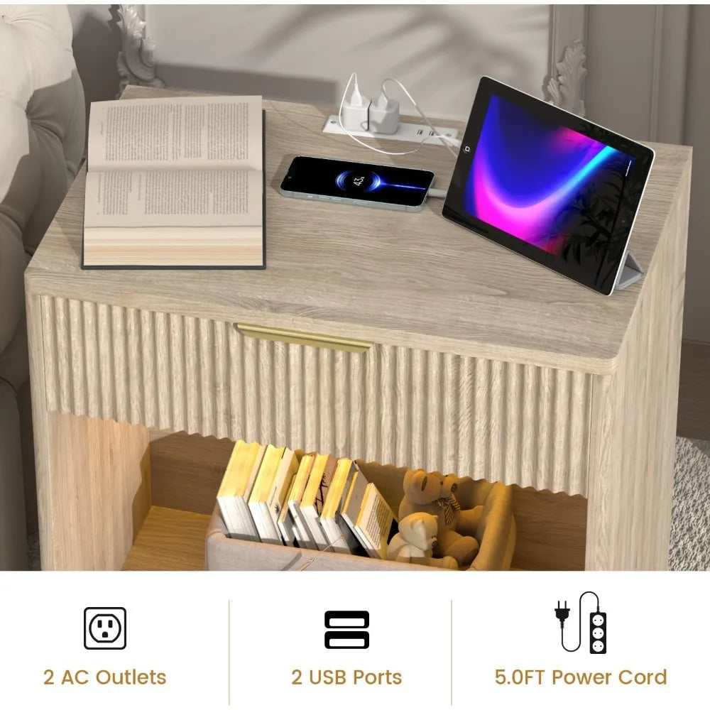 Fluted Nightstand With Charging Station Bedside Table