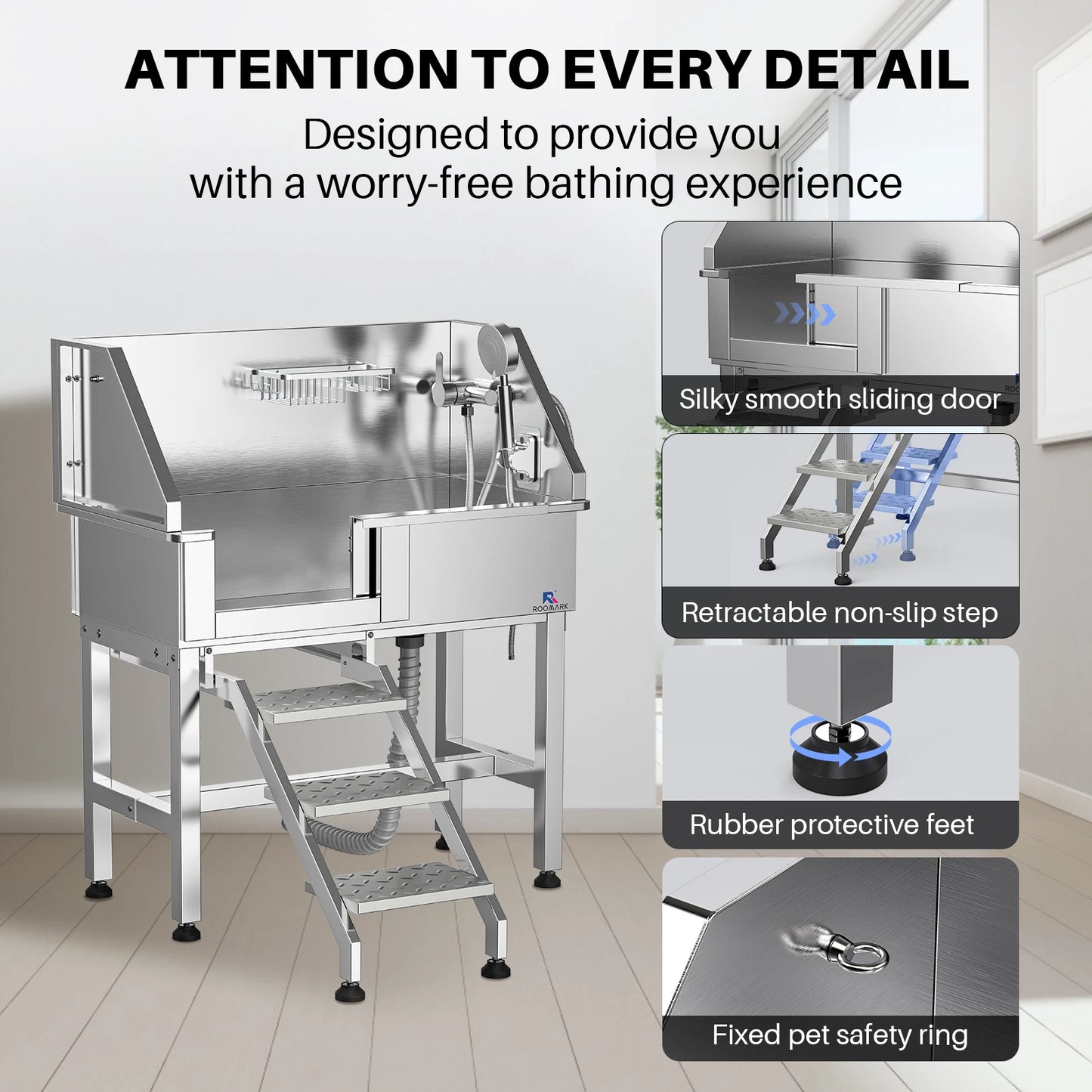 ROOMARK Stainless Steel Dog Grooming Tub with Faucet Accessories