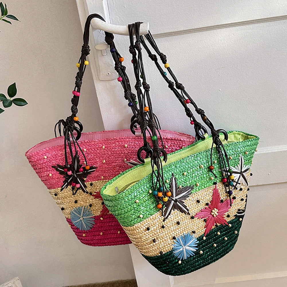 Starfish Beaded Bohemian Straw Tote Bag Women Seaside Party