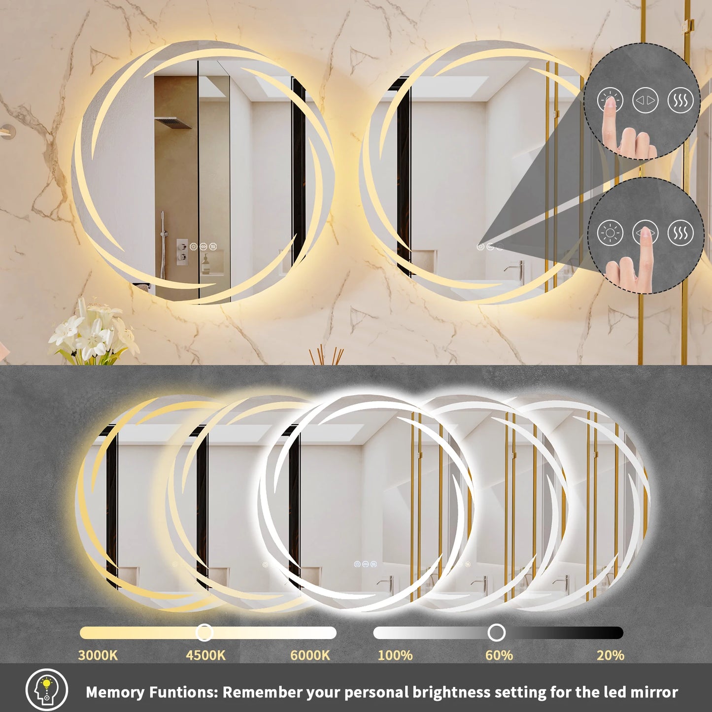 Anti Fog LED Round Bathroom Mirror With Backlit Illumination