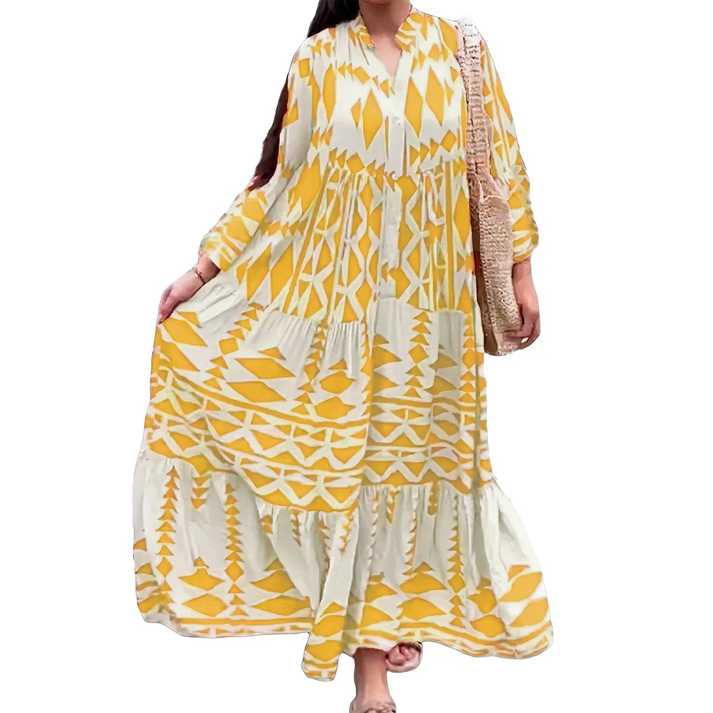 Hirigin Geometric Print Boho Dress With Long Sleeves