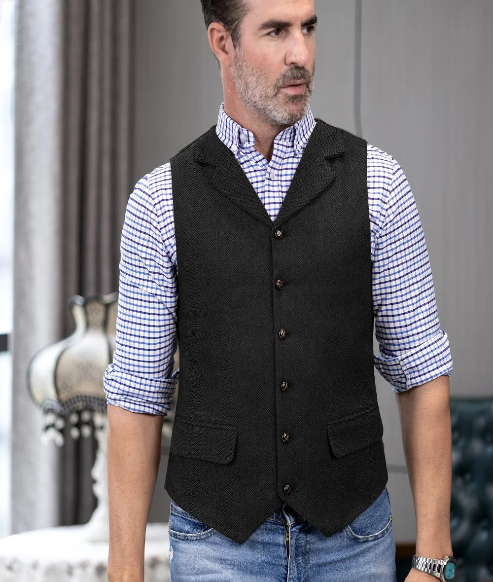 SOLOVEDRESSCN Mens Suit Vest Herringbone Wool Waistcoat