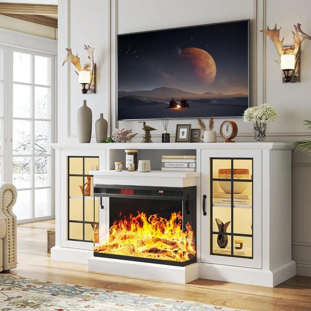 Fireplace TV Stand With Glass Sides And LED Flame Effect