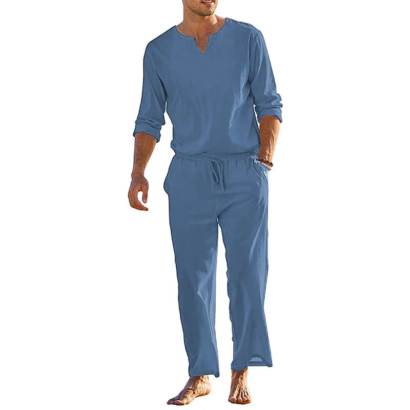 Cheervilla Mens Summer Cotton Linen Henley Shirt Lounge Set