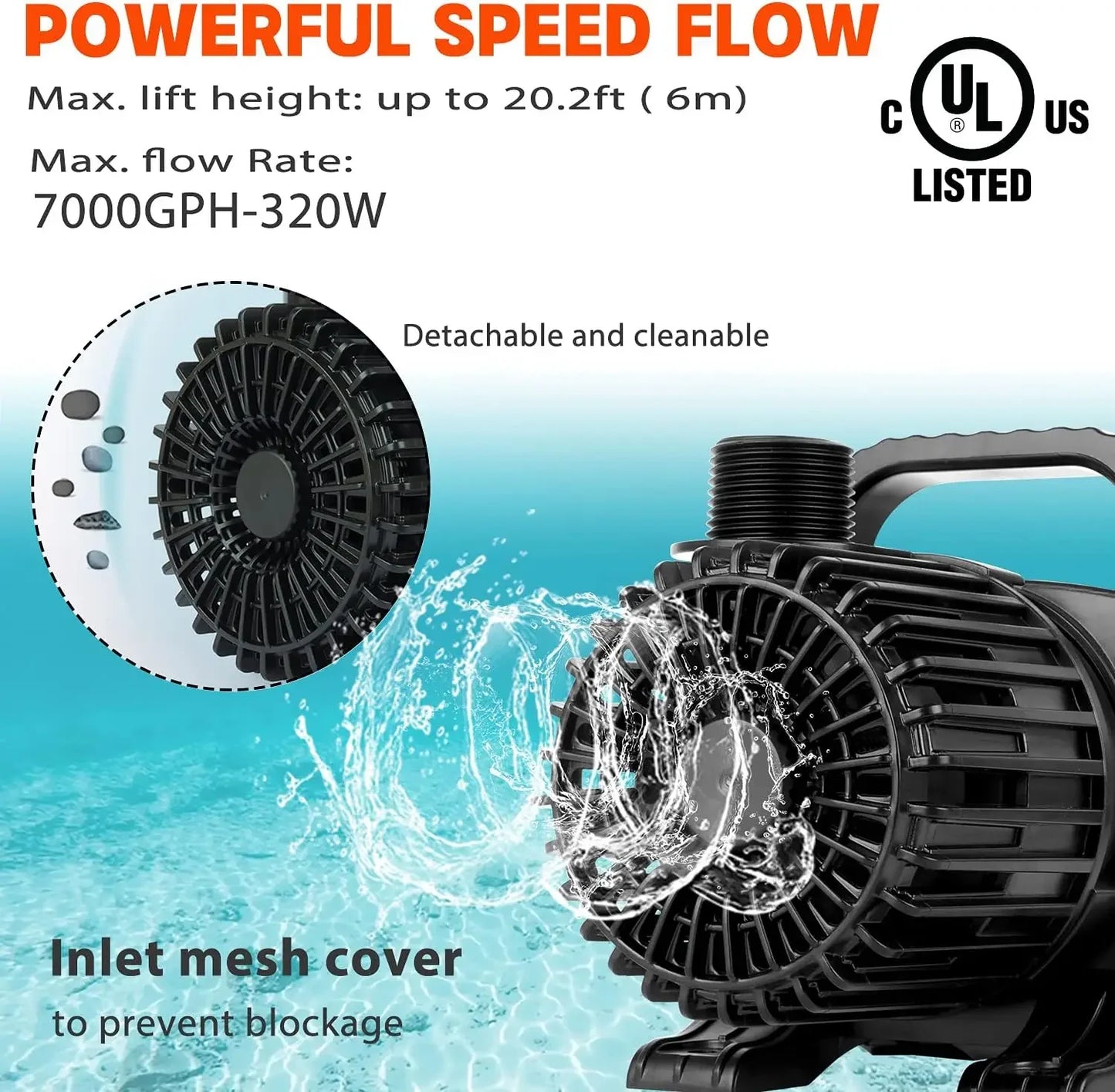 Hign Concerned Submersible Pond Pump 7000GPH Outdoor