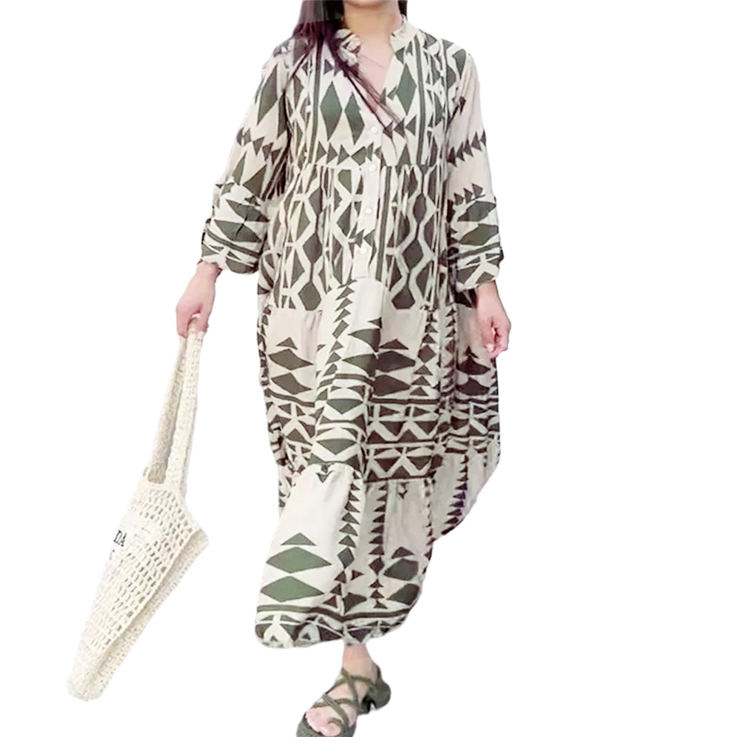 Hirigin Geometric Print Boho Dress With Long Sleeves
