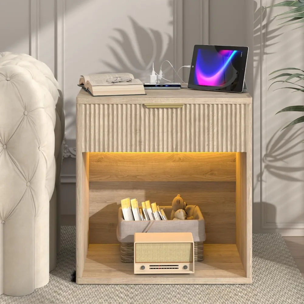 Fluted Nightstand With Charging Station Bedside Table