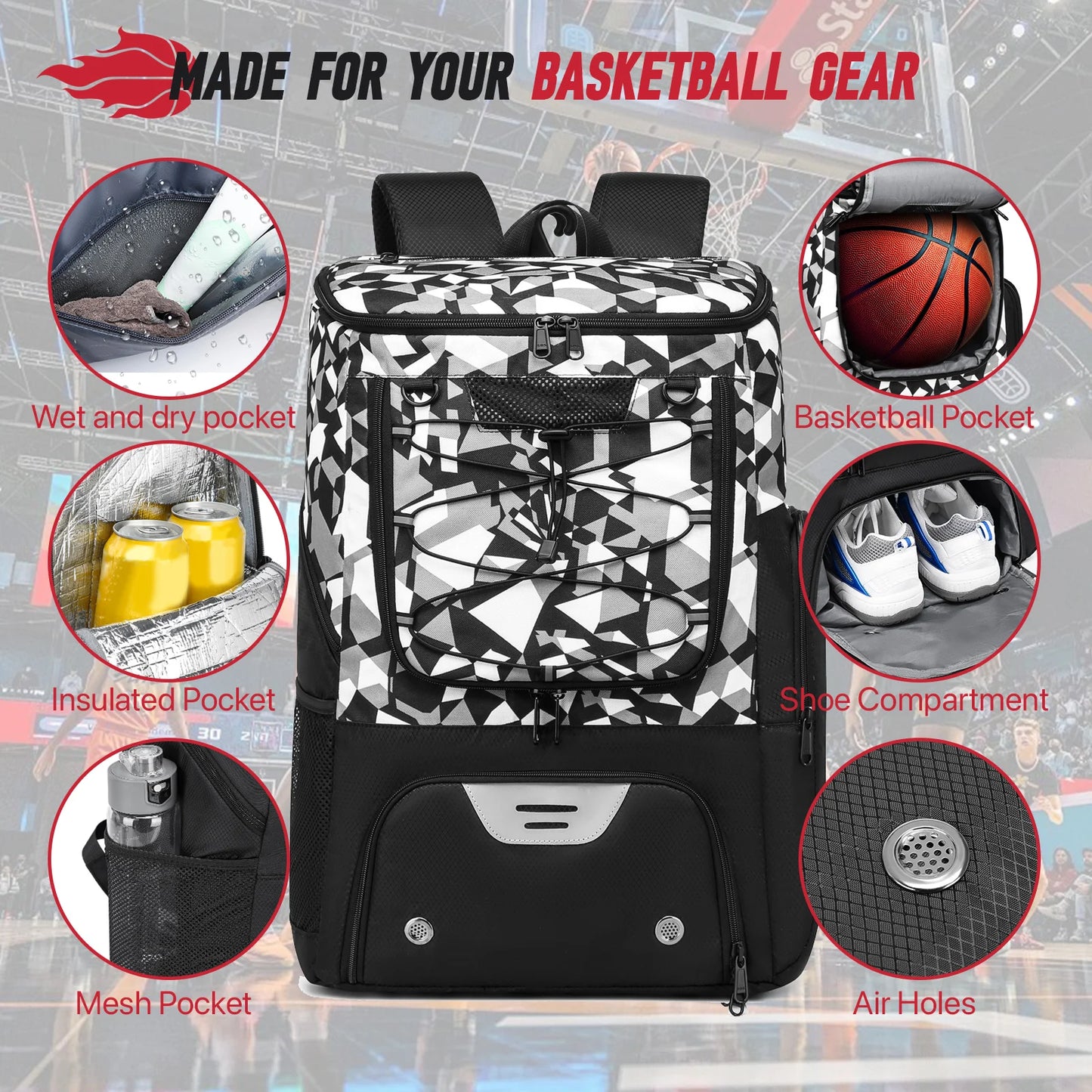 YH GSCN Basketball Backpack With Ball Holder Shoes Compartment