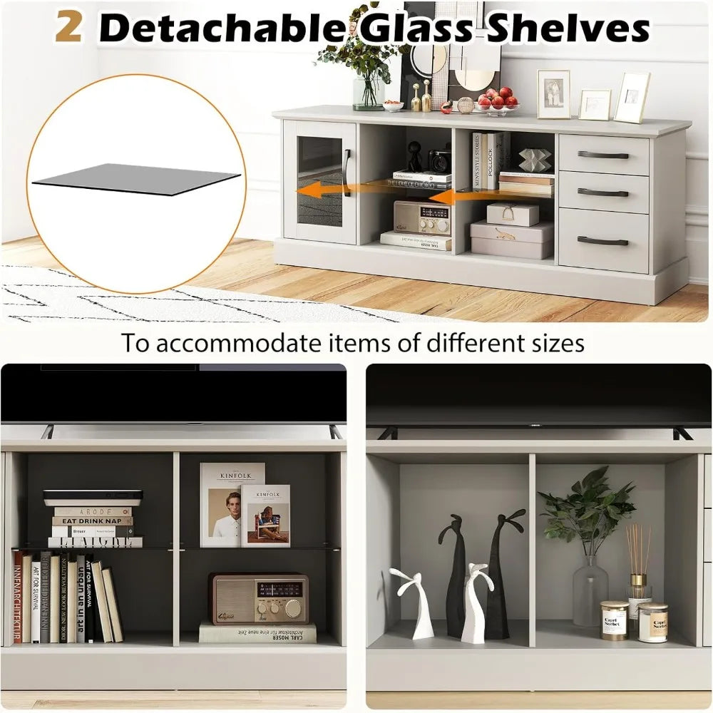 Feicheng Farmhouse TV Stand Wood Console With Glass Shelves