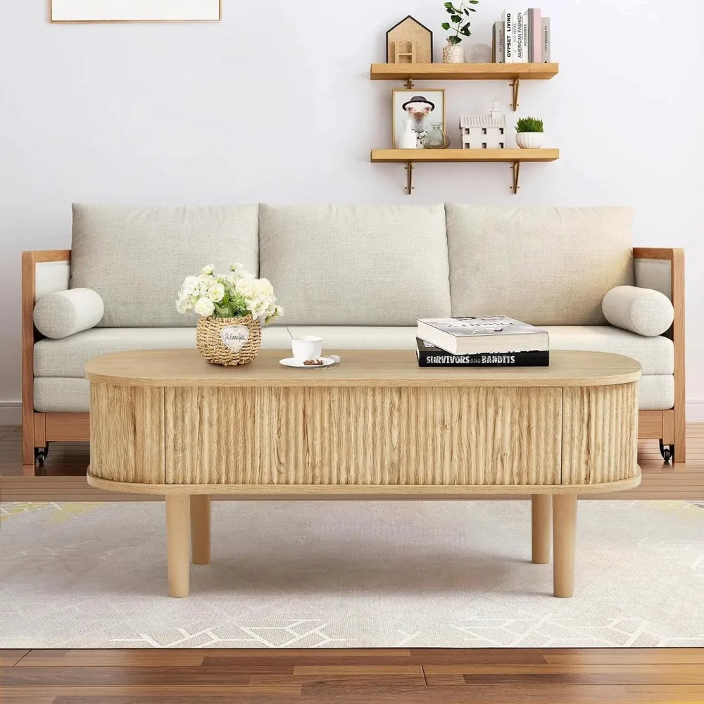 XUYUAN Modern Oval Lift-Top Coffee Table with Hidden Storage