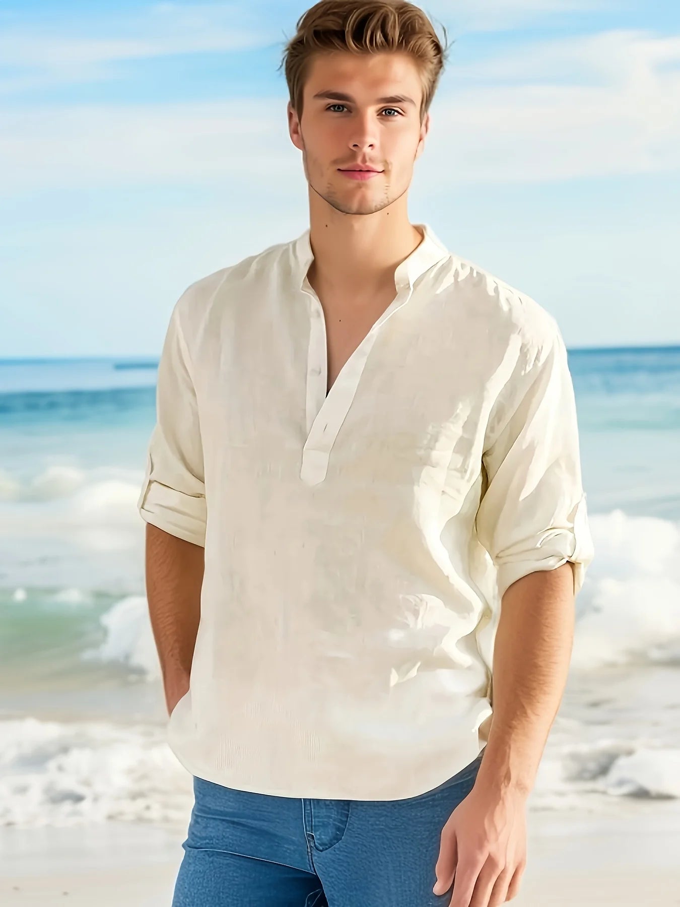 Men's Linen Stand Collar Long Sleeve Shirt Solid Pattern