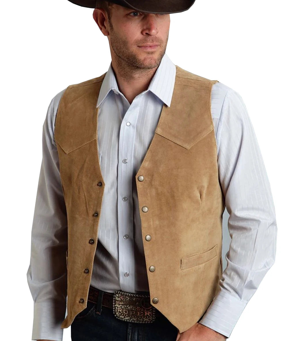 Cheervilla Vintage Suede Leather Men Vest Slim Fit Waistcoat