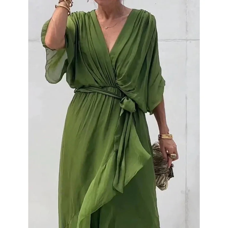 Lace Up Maxi Dress with V Neck Half Sleeve Women Casual