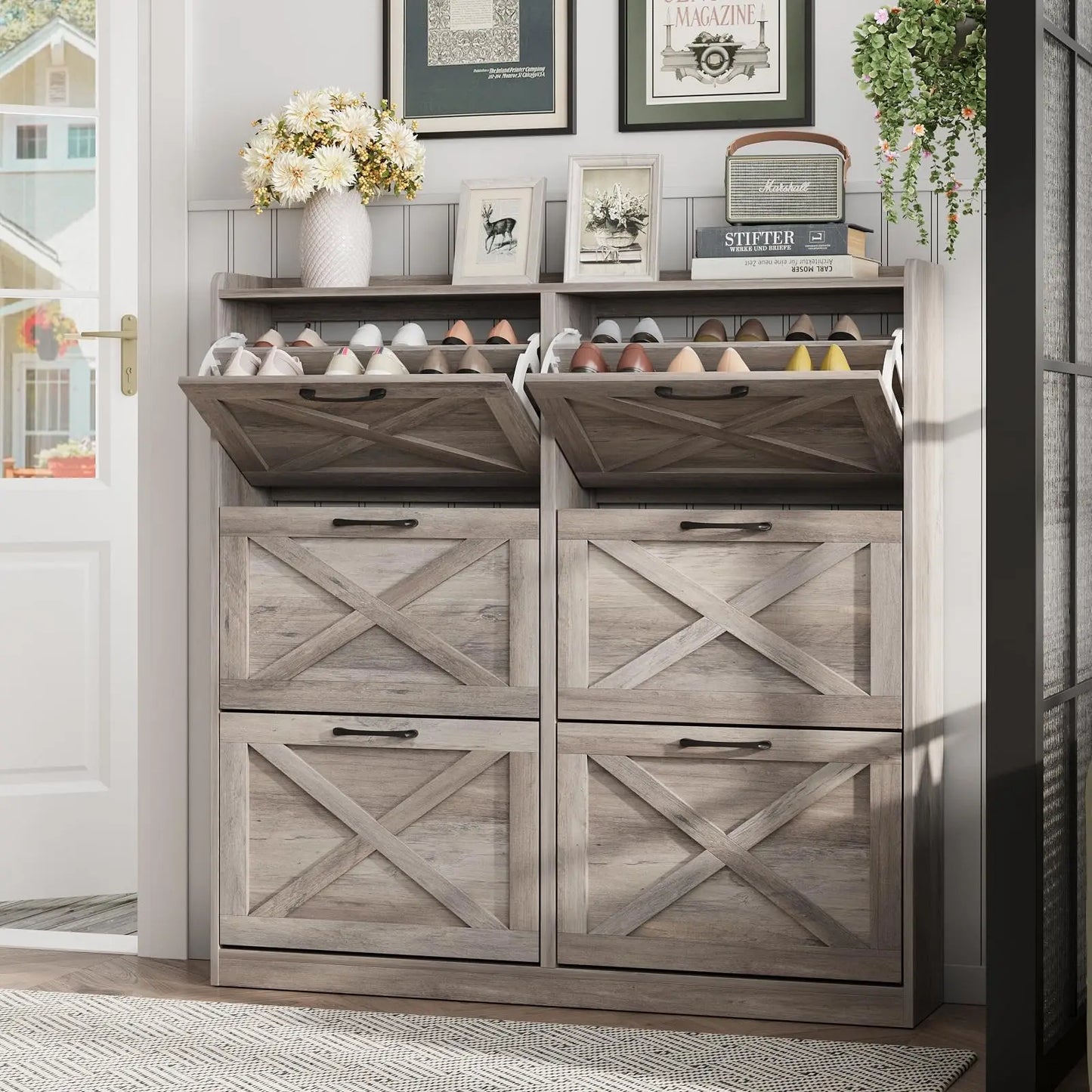 Vabches Shoe Cabinet With Flip Drawers And Metal Handles