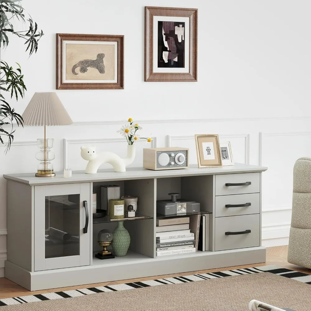 Feicheng Farmhouse TV Stand Wood Console With Glass Shelves
