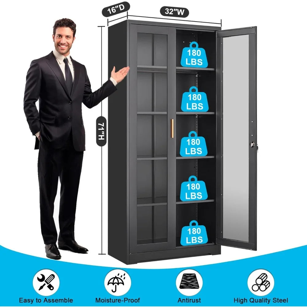 HUANZHUANG Glass Display Cabinet With Lock Curio Doors