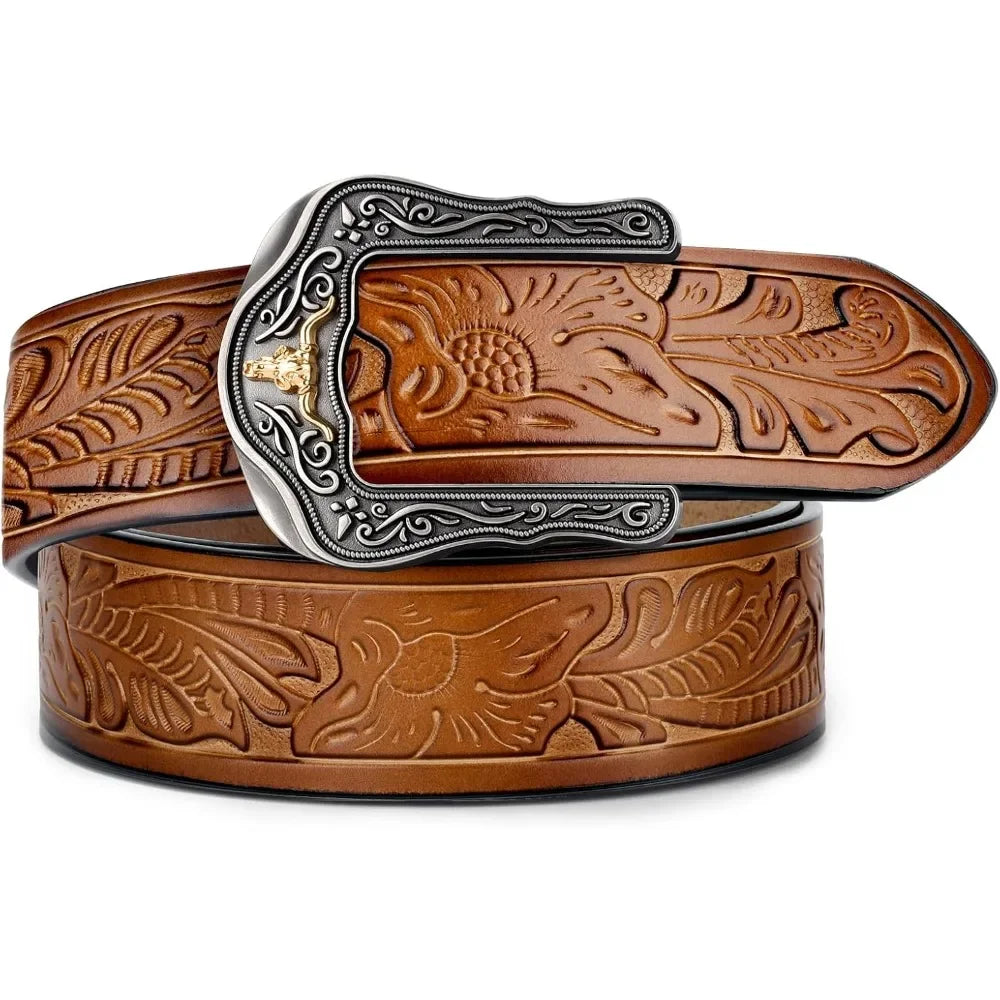 PlusZis Western Leather Ratchet Belt For Men And Women