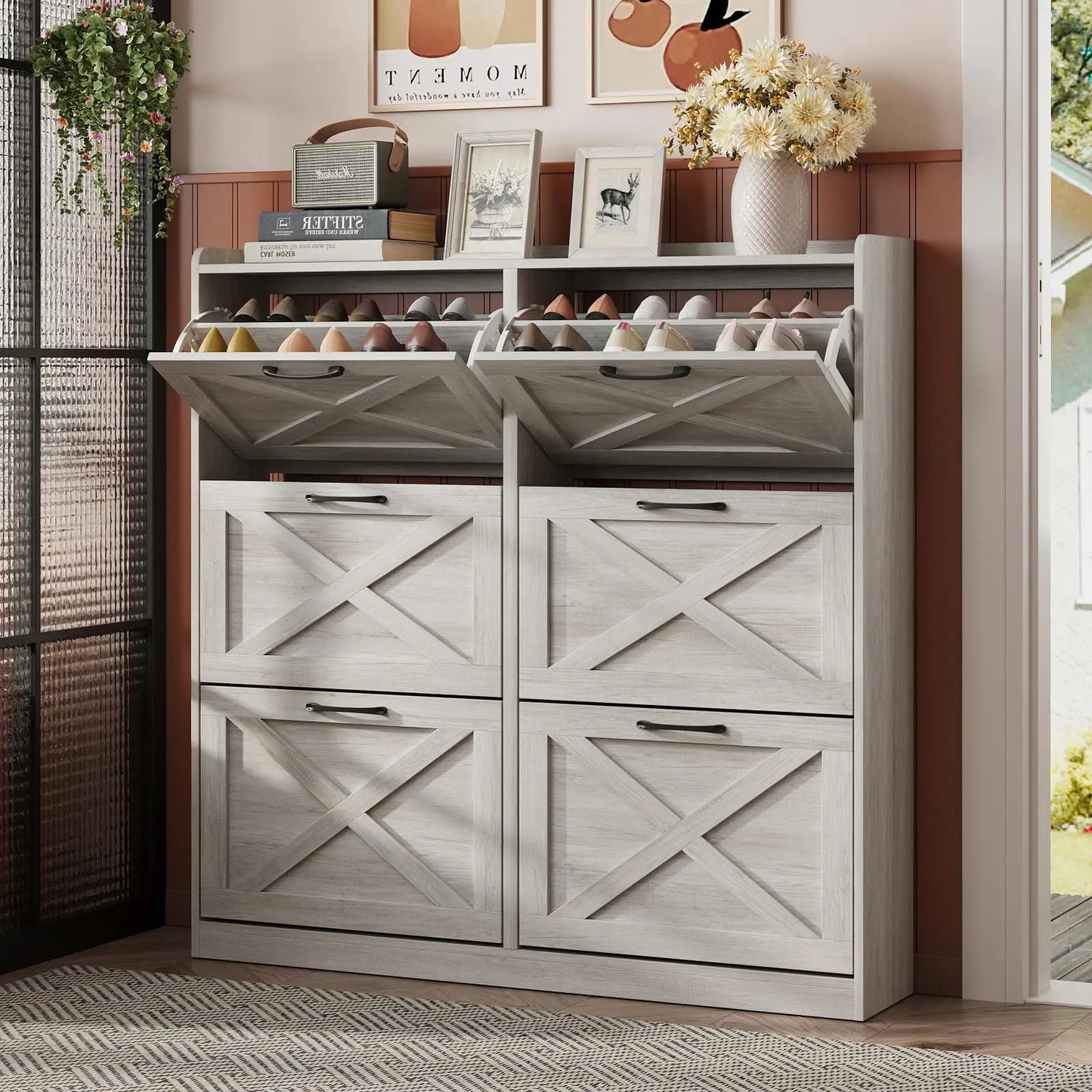 Vabches Shoe Cabinet With Flip Drawers And Metal Handles