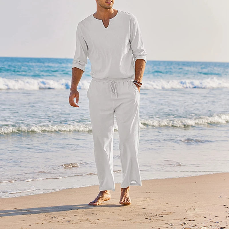Cheervilla Mens Summer Cotton Linen Henley Shirt Lounge Set